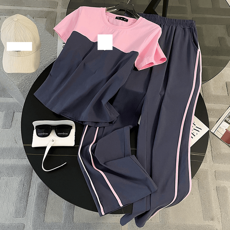 Women's clothing Internet celebrity street sportswear suit new style stylish color matching short-sleeved casual straight pants two-piece suit