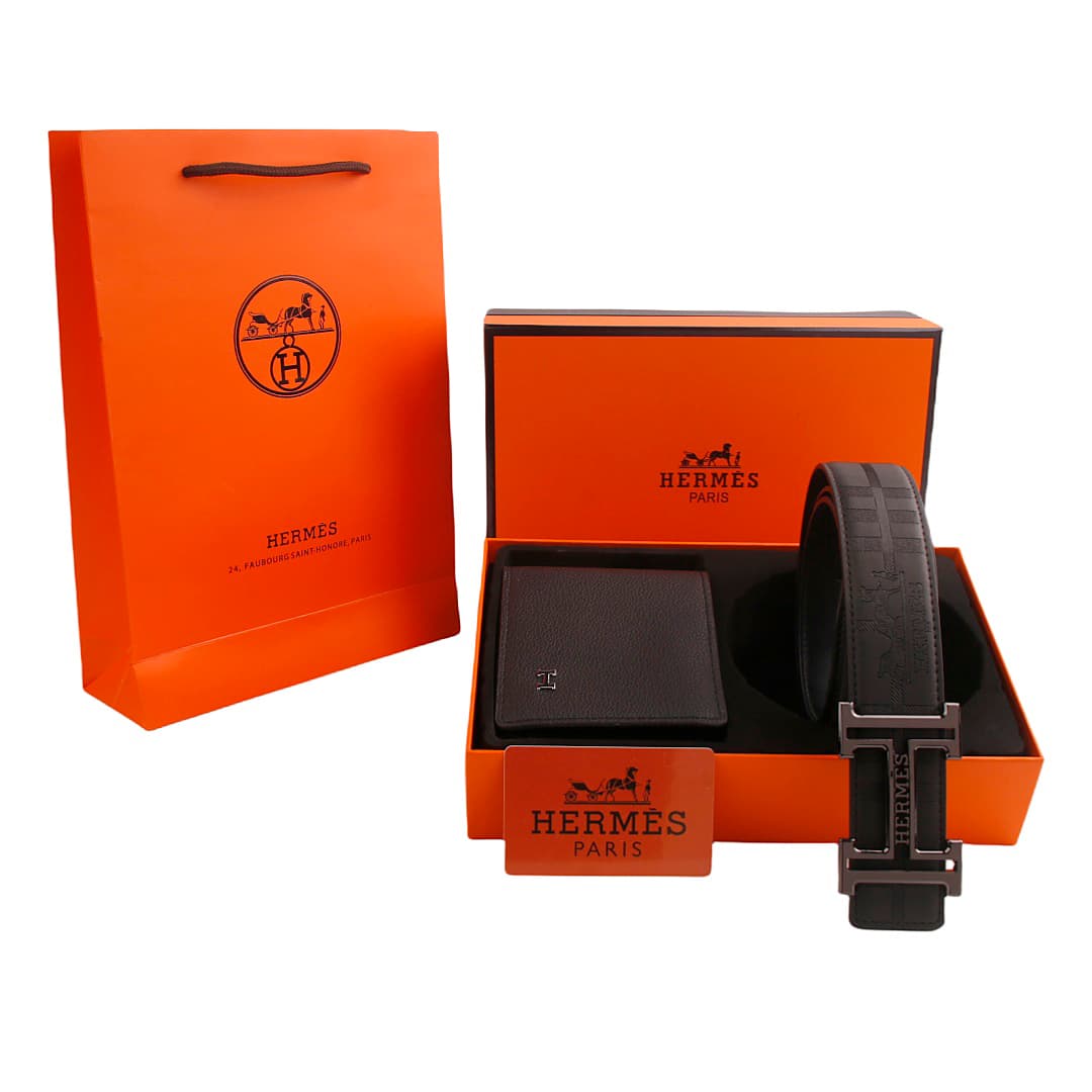 Ensemble portefeuille et ceinture pour homme en cuir noir avec boucle en H