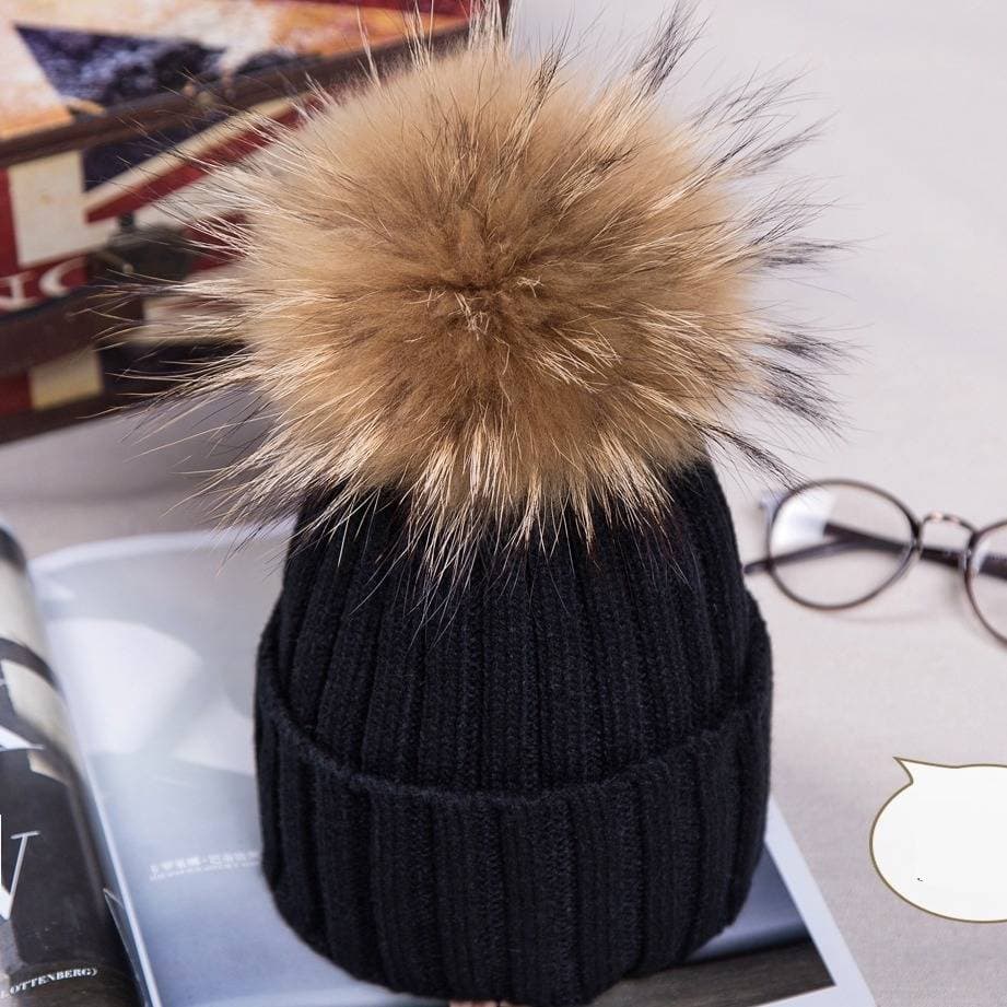 Autumn And Winter Solid Color Crimped Knitted Hat Korean Version Raccoon Fur Ball Wool Thickened Thermal Fur Hat