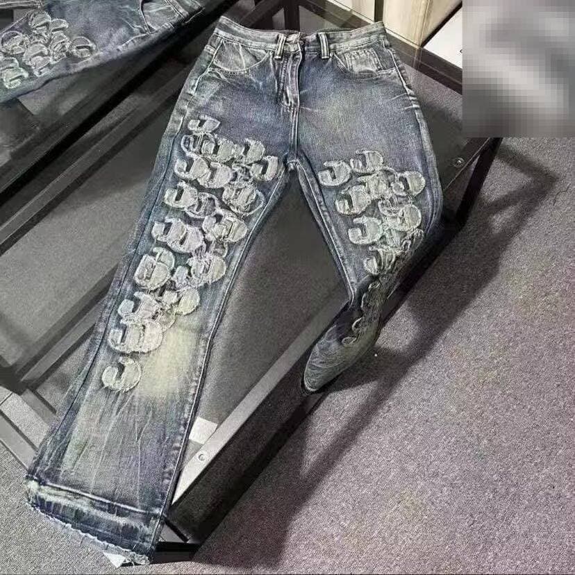 Men's Trendy Luxury Washed Blue Embroidered Stretch High Street Straight Leg Jeans Mid Waist Long Denim Trousers For Spring Autumn