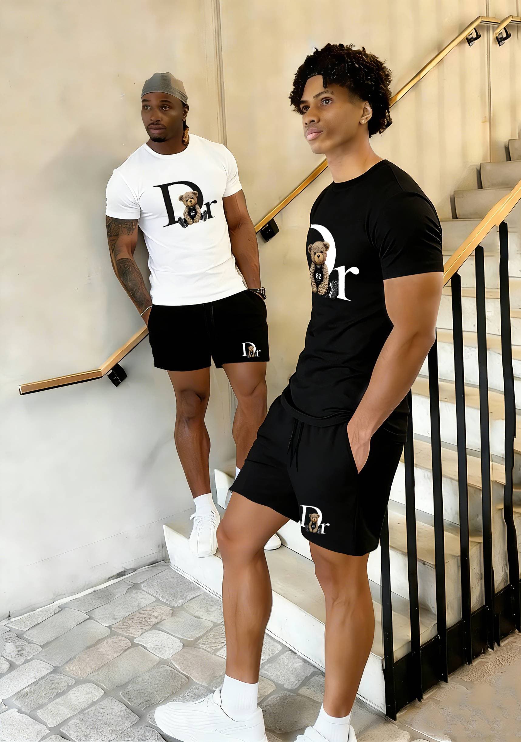 Men's Teddy Bear Graphic 2 Piece Short Set, Casual Summer T-Shirt & Shorts Outfit