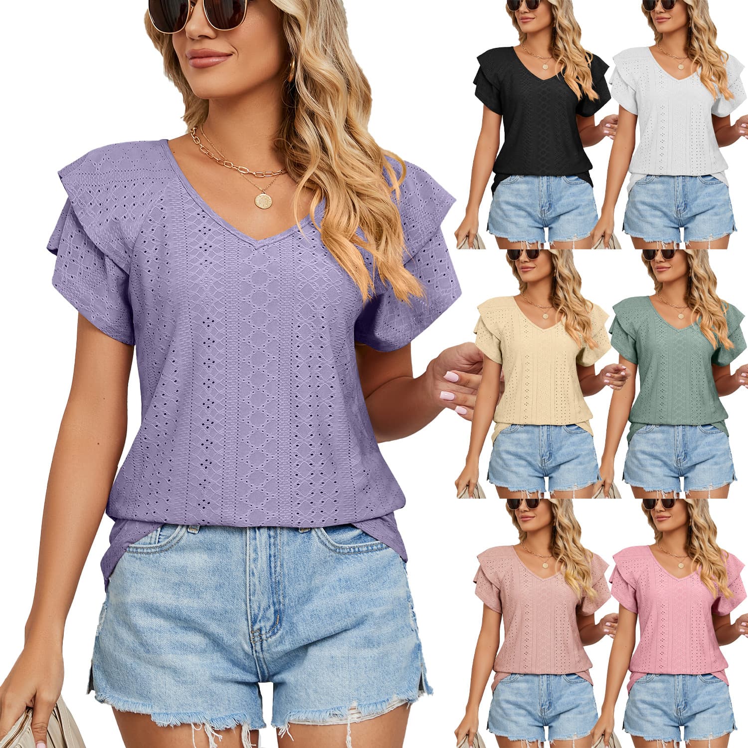Women's Solid Color Double-layer Sleeve V-neck Loose Short Sleeve T-shirt Tops