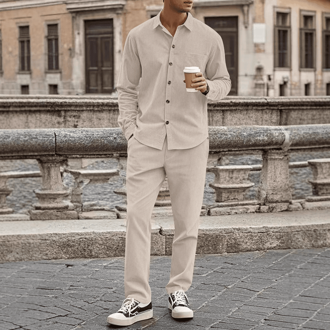 Men's Clothing new corduroy men's autumn casual button down shirt cardigan long sleeved trousers suit
