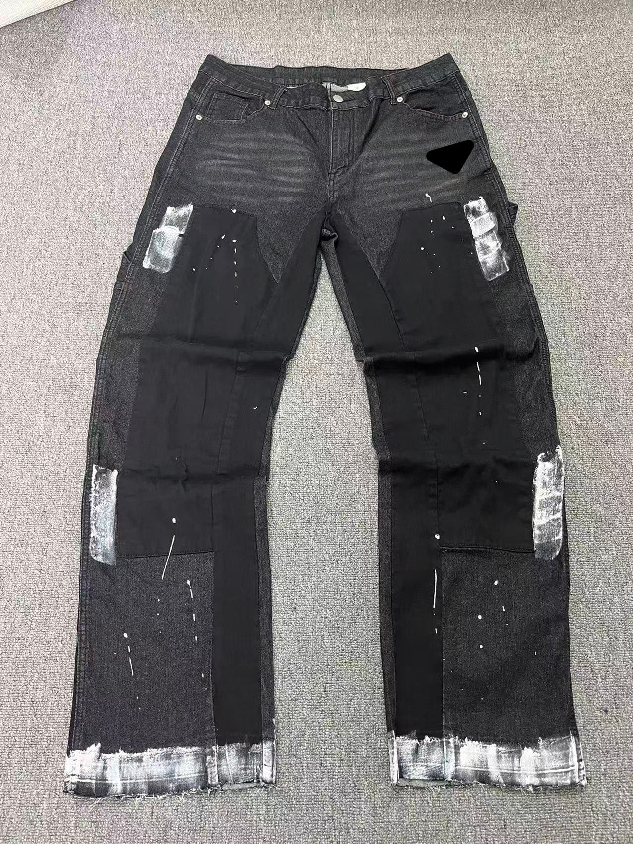 Men's Distressed Denim Cargo Pants - Black Triangle Patchwork With Hand-Painted Details, Streetwear Workwear Jeans