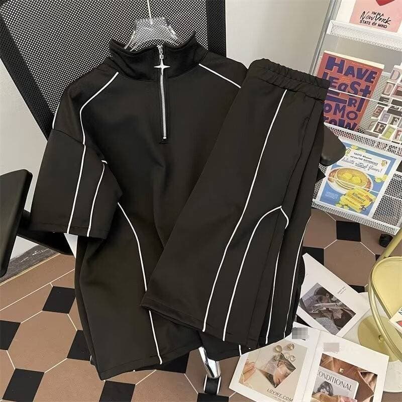 Men's Summer Handsome Casual Sports Suit Korean Loose Fit Half Zip T-Shirt And Shorts Two-Piece Set