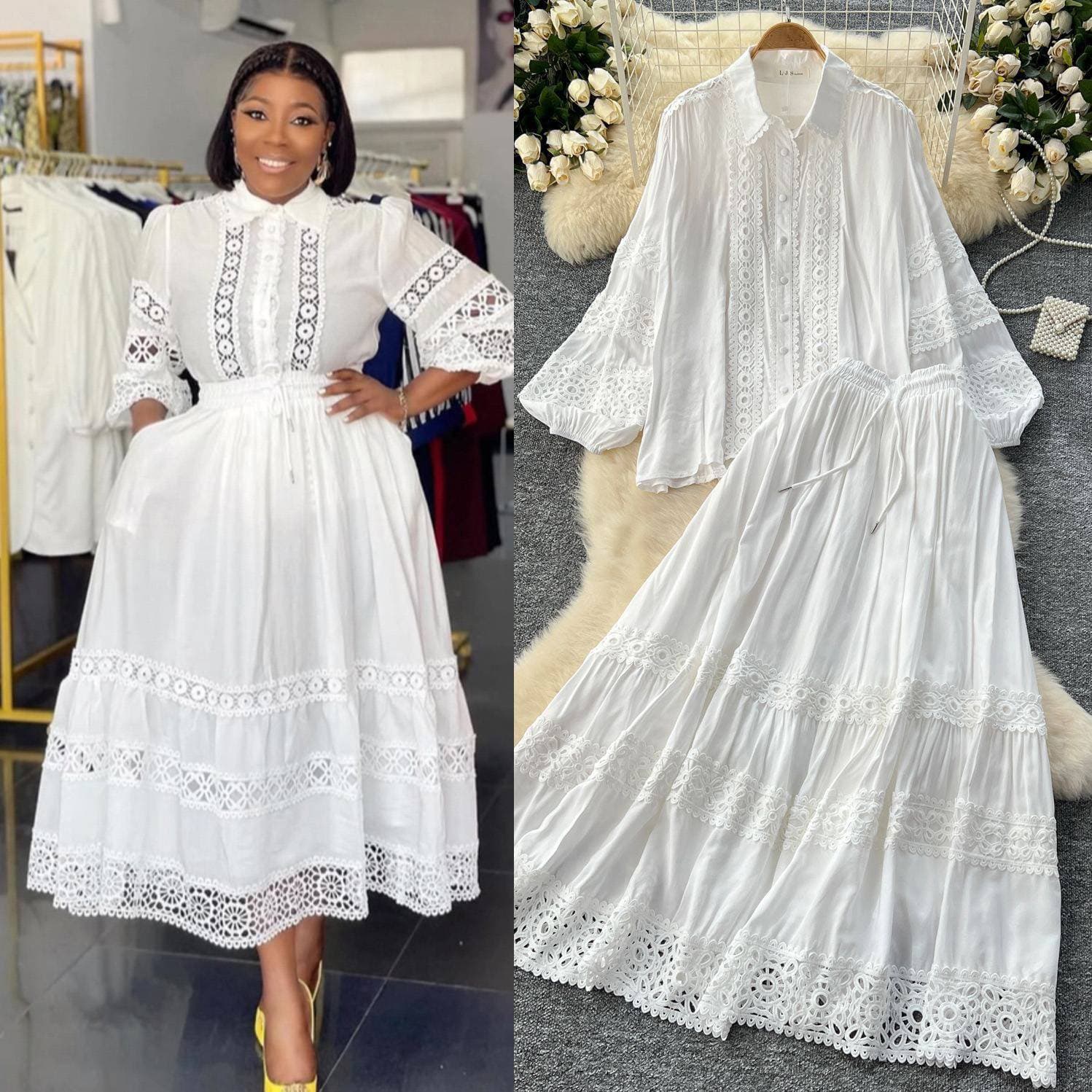 Women's Clothing Age Reducing Suit High Grade Hollow Lace Splicing Lantern Long Sleeved Shirt High Waisted Slim Fitting Skirt