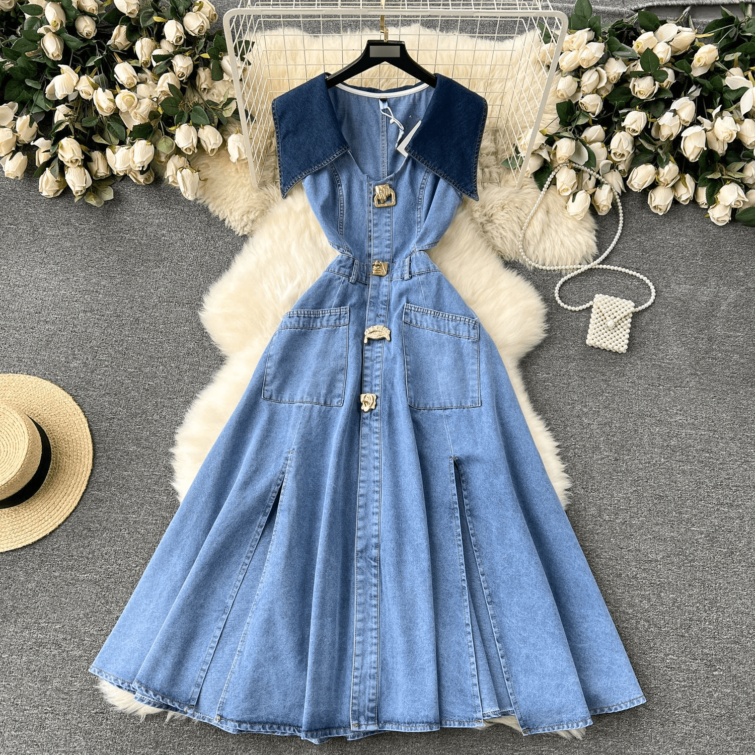 Large Lapel Sleeveless Vest Dress Female Scheming Hollow Exposed Waist Slim Long Retro Denim Dress