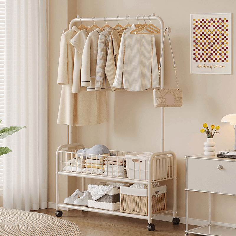 Pingtouge Winged Floor Clothes Drying Rack – Foldable Double-Layer Garment Organizer With Storage Basket, Sturdy Metal Frame For Bedroom & Laundry
