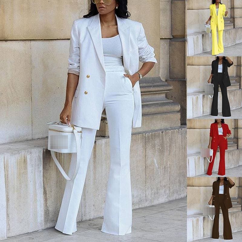 ​​Women's Professional Wide Leg Pants Suit Set - Autumn Casual Two-Piece Outfit (White/Yellow/Red/Black/Brown, S-XXXL)​​