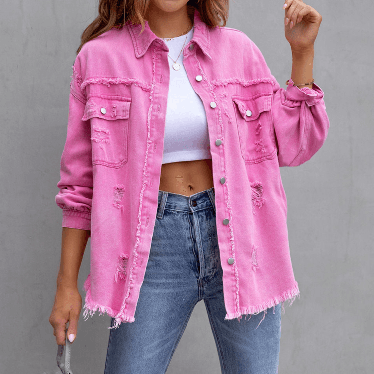 Women's Fashion Summer Lapel Long Sleeve Ripped Washed Denim Jacket
