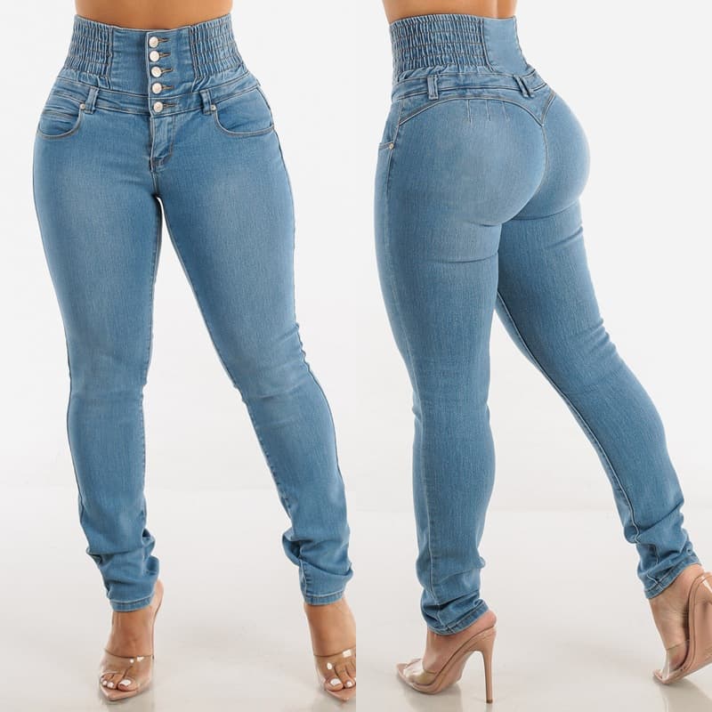 Women's Clothing elastic high waist buttoned jeans for women spring slim fit slim hip lift skinny long pants