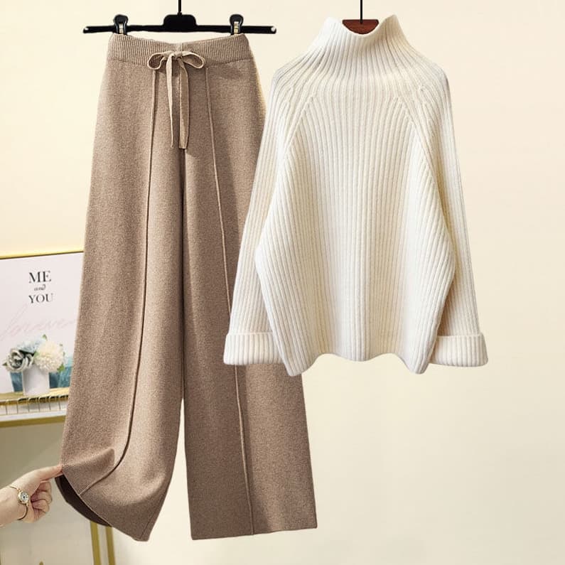 Ensemble coréen oversize en maille – Pull à grosses torsades et pantalon fluide à jambes larges, tenue d'hiver décontractée à col montant (Be