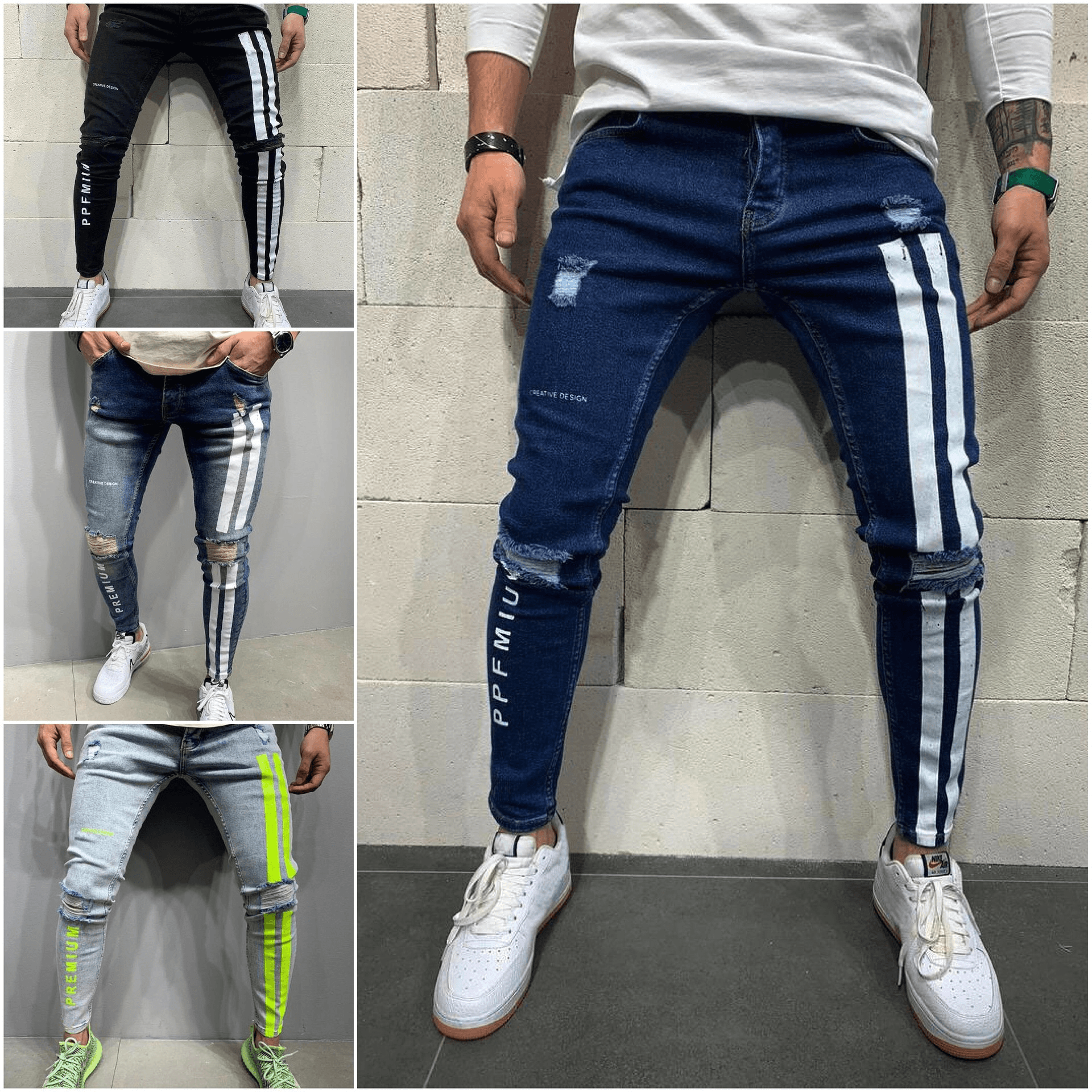 Men's Printed Slim Fit Ripped Calf Pants Jeans