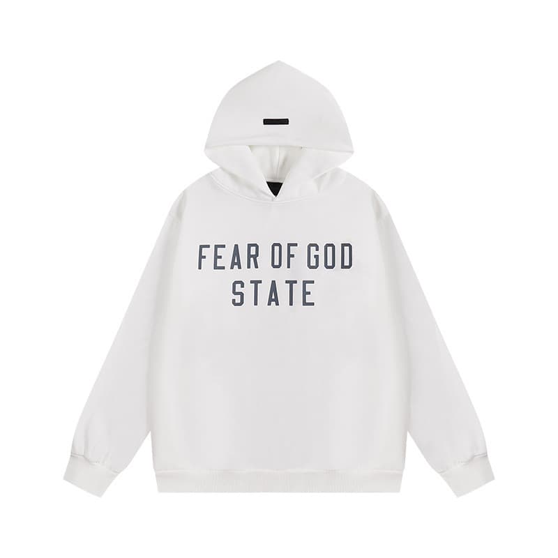 Sweat-shirt ample à double ligne FOG ESSENTIALS Saison 8 avec lettres floquées au dos, en éponge à capuche