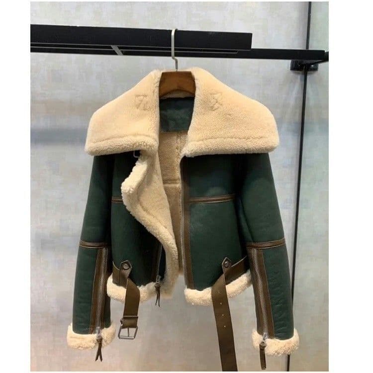 Women's Clothing Winter New Green Splicing Large Lapel Motorcycle Clothes Women's Thickened Short Fur Sheep Shearling Jacket