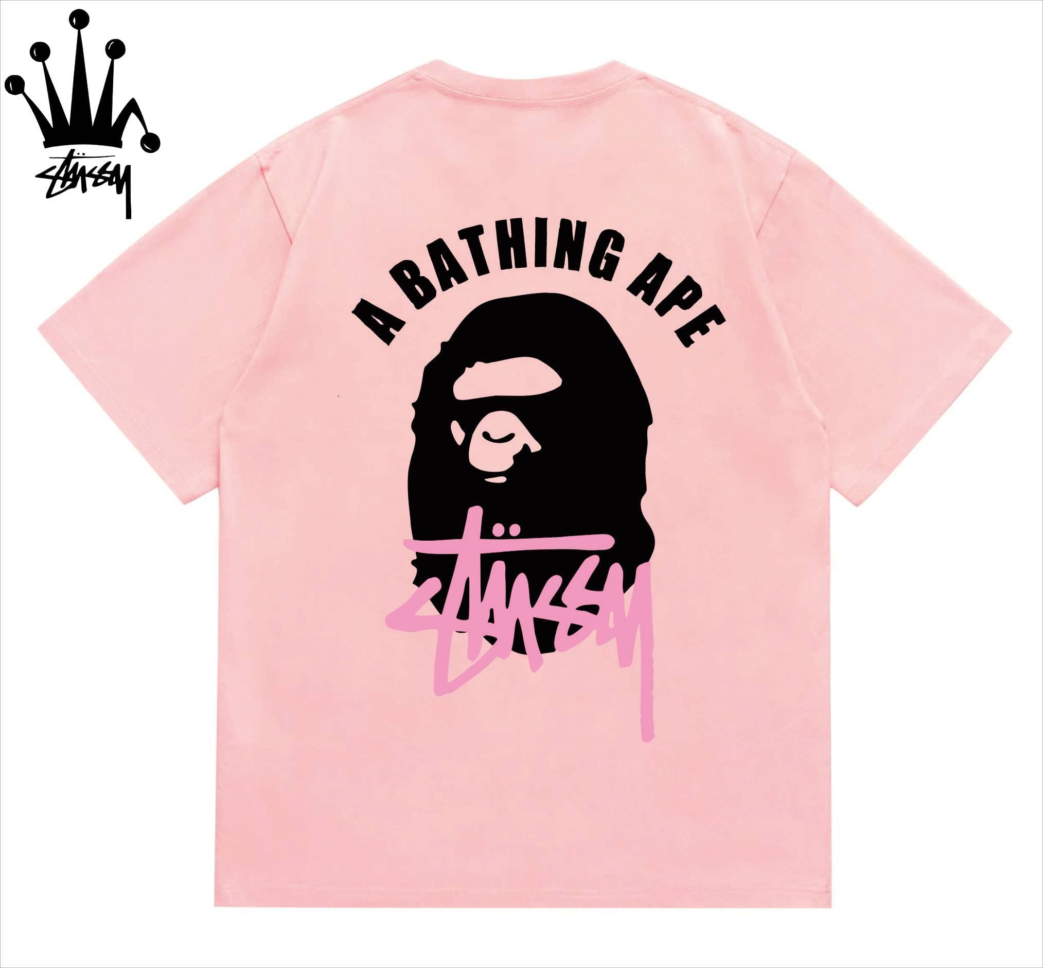 Stussy&Ape Co Branded Logo Letter Ape Pattern Printed Casual Loose Cotton Short Sleeved T-shirt For Men And Women