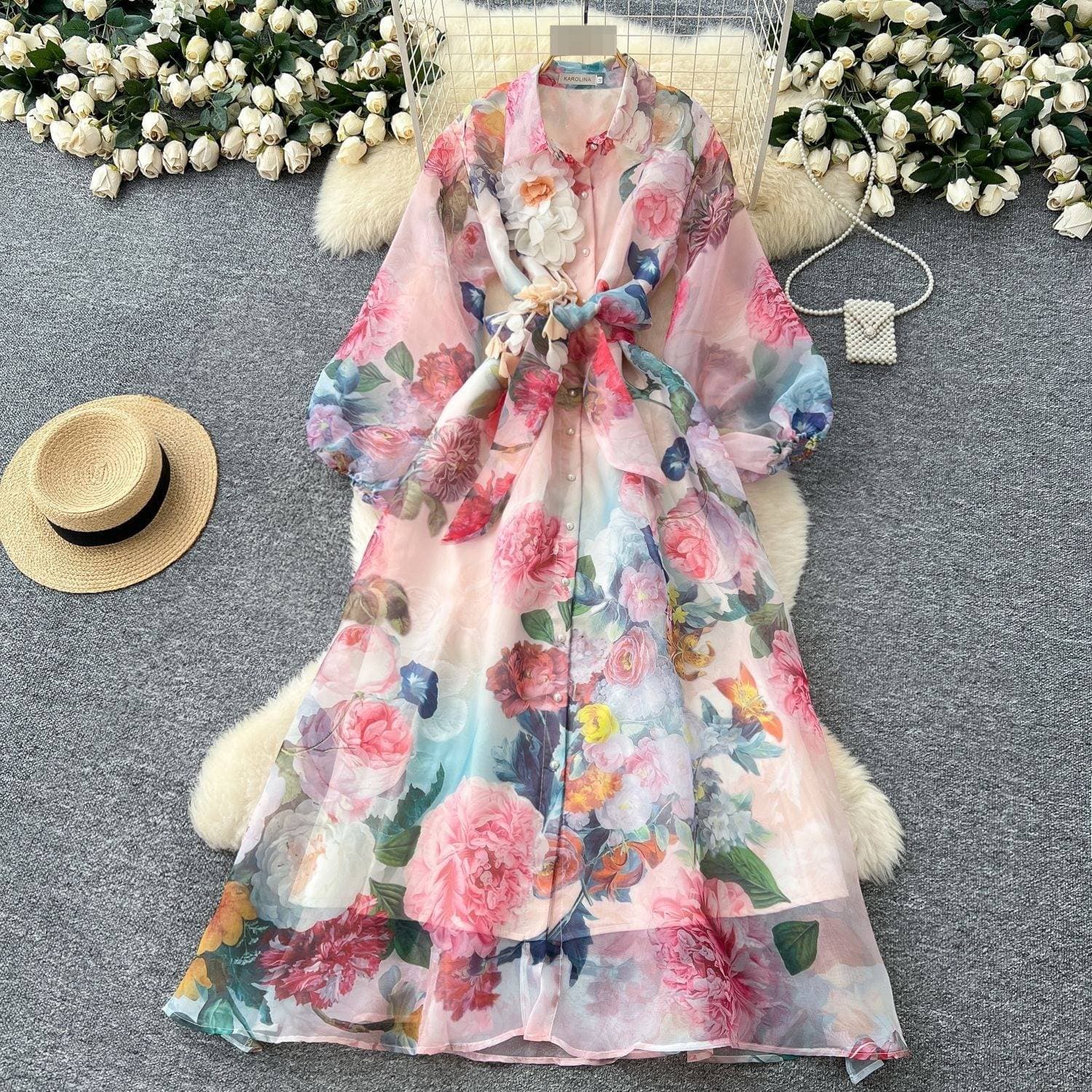 Women's Clothing Floral Print Long Dress Retro Court Style Puff Sleeve Tie Waist Autumn Beautiful Ethereal Style Regular Size