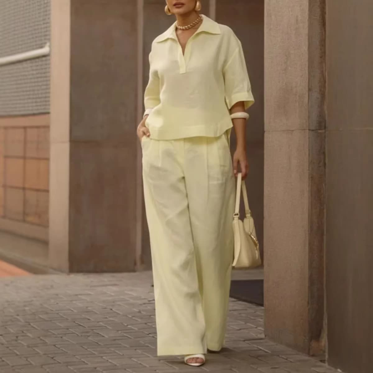 Women's Relaxed Blouse & Pants Set - Elevated Casual Two-Piece With Shirt Collar