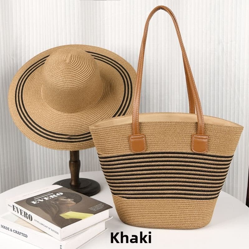 Large Capacity Straw Bag And Hat Two Piece Set For Women Trendy Wide Brim Sunshade Tote Outdoor Travel Fashionable Accessory