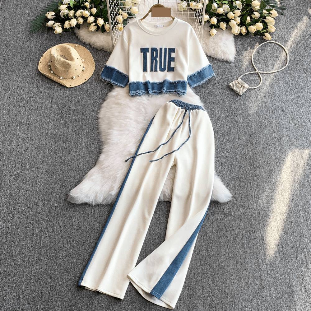 Women's Clothing Style Niche Design Splicing Tassel Denim Short Sleeved Top High Waist Slim Wide Leg Pants Two Piece Set
