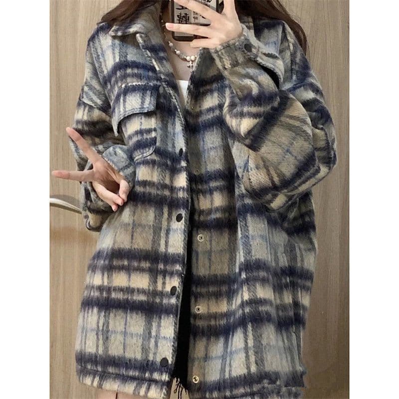 Women's Street Fashion Brand Woolen Plaid Shirt Women's Work Jacket