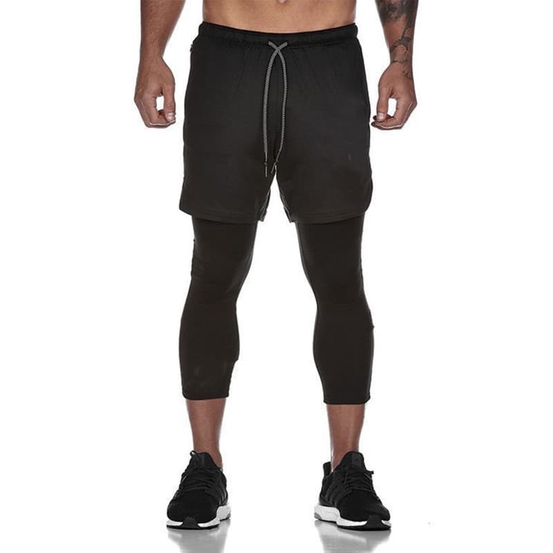 Man's clothing Muscle fitness running sports casual pants quick dry tight fake two stretch nine-point pants men