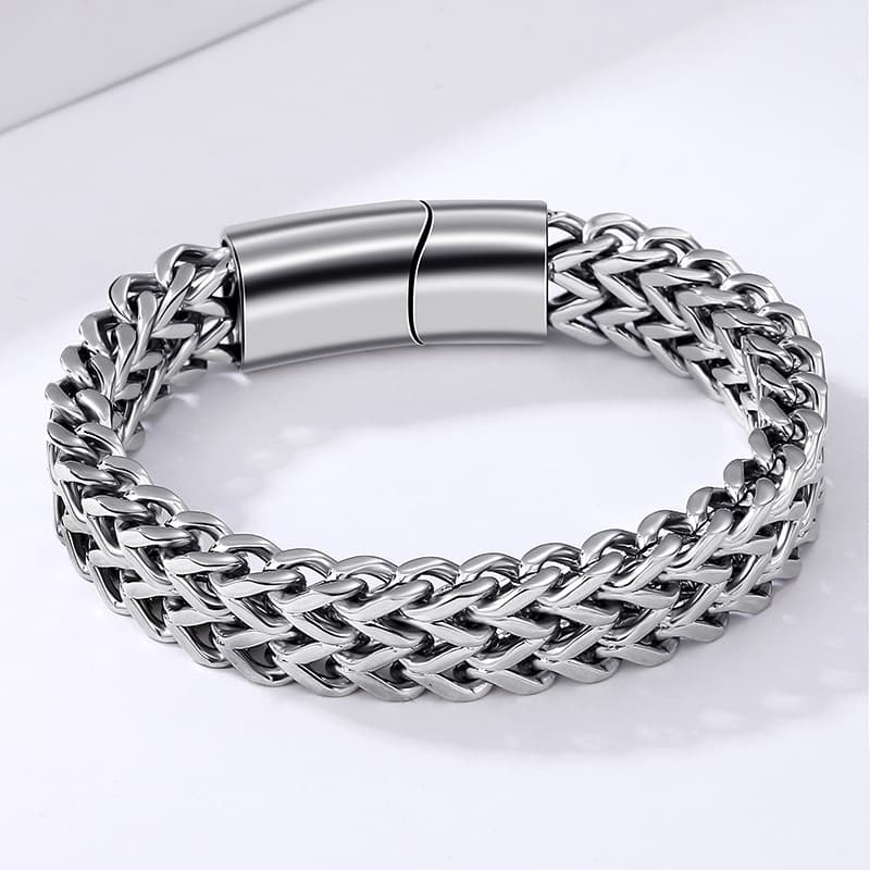 Men's Titanium Fashion Double Row Stainless Steel Hip Hop Trendy Thick Magnetic Clasp Cuban Bracelet
