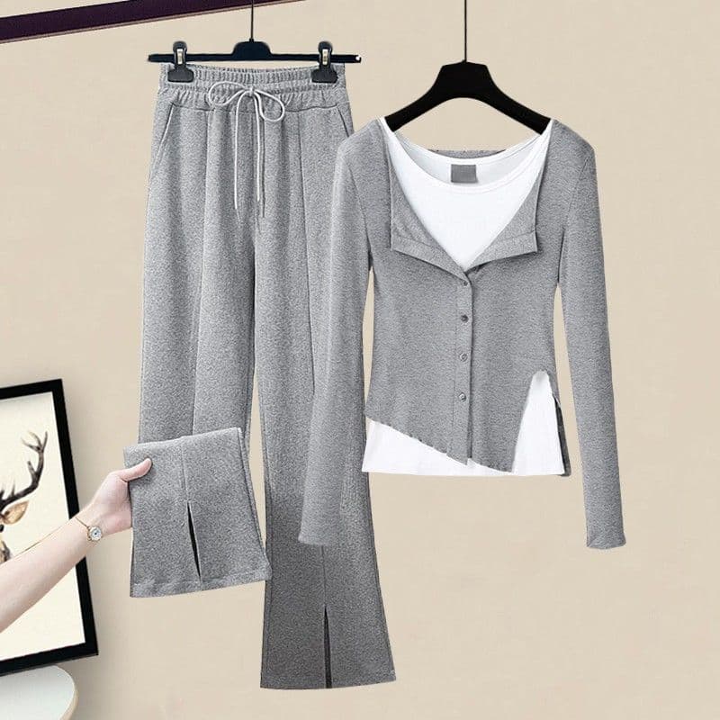 Women's Clothing Spring gray two piece tops bottoming shirt with split pants casual pants suit new women's spring
