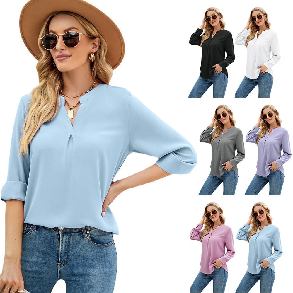 Women's Clothing Solid Chiffon Shirt Loose V-neck Pullover Long Sleeve Tops