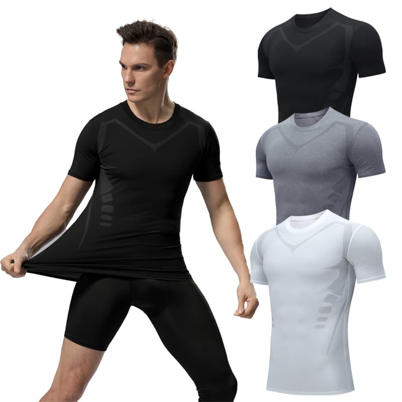Men's clothing Fitness wear men's high spring short sleeve quick dry sports tights printed running