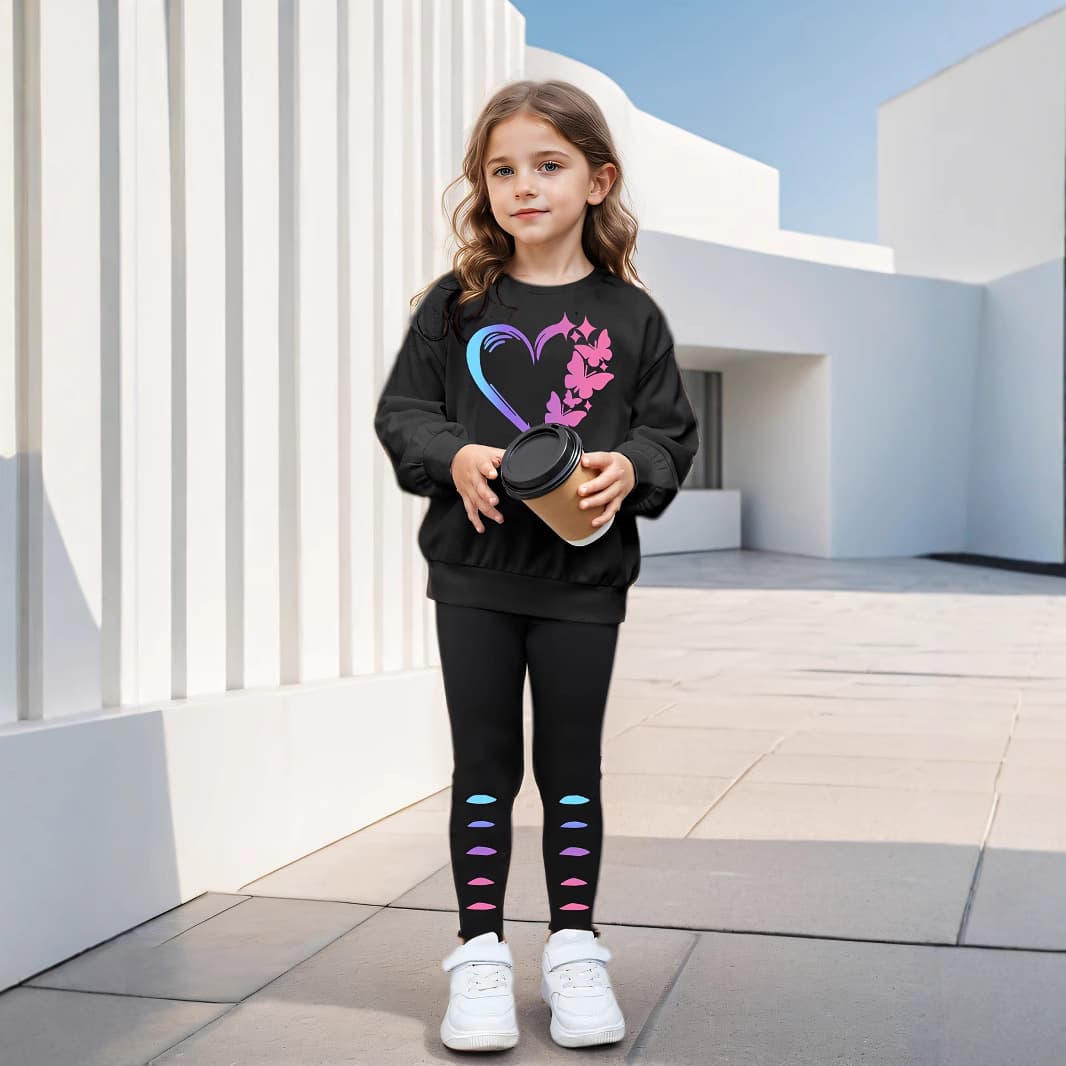 Mother & Kids INS Girls 2 Piece Set & Love Butterfly Print Long Sleeved Sweatshirt Leggings Outdoor Leisure Sports