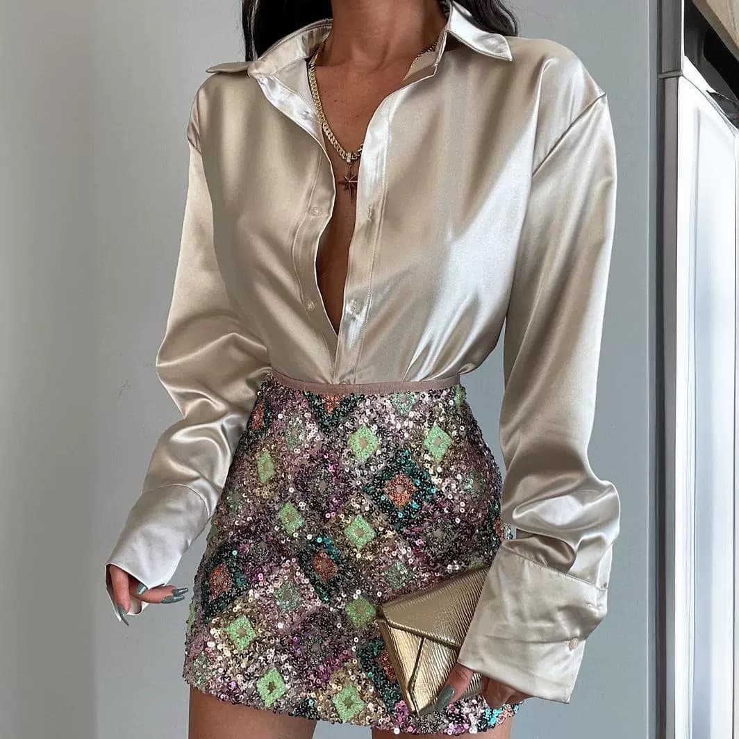 Women's Clothing Lapel Long Sleeved Button Down Temperament Slim Satin Shirt For Women Wholesale