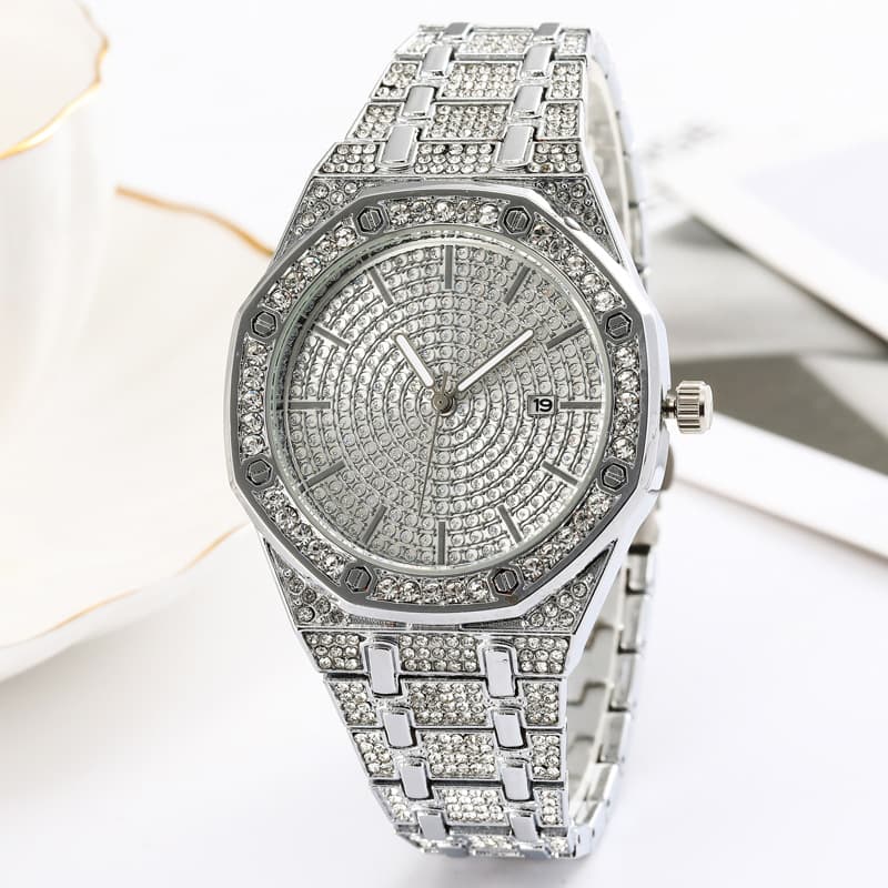 Starry Diamond Calendar Watch with large diamond dial and steel strap