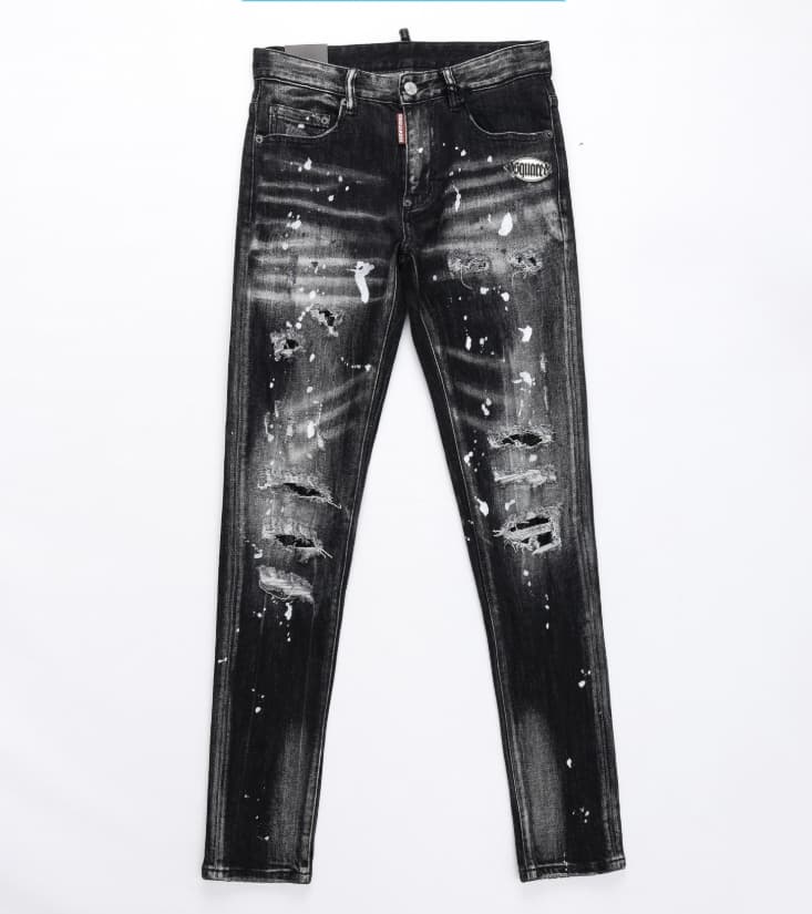 Jeans pour hommes DSQ2, coupe ajustée, élastiques, délavés et personnalisés, style boîte de nuit, avec trous.
