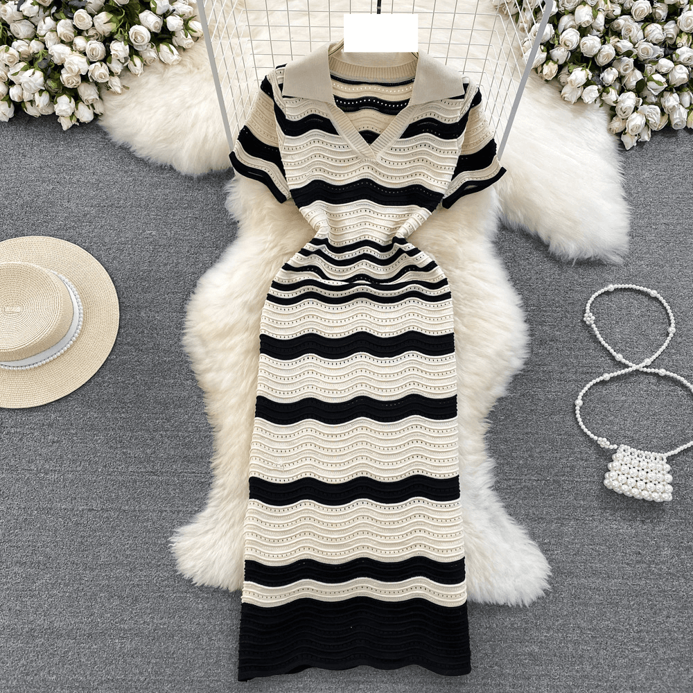Women's Clothing Short Sleeve Polo Collar Waist Slimming A-line Striped Dress Elegant Temperament Long Dress