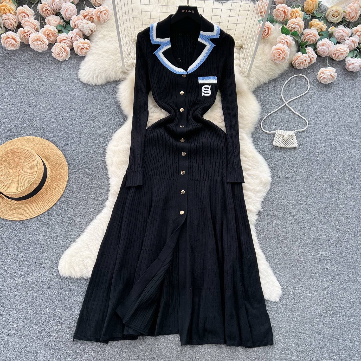 New Women's Color Block Embroidered Dress With Slim Fit And Single-Breasted A-line Knit Skirt