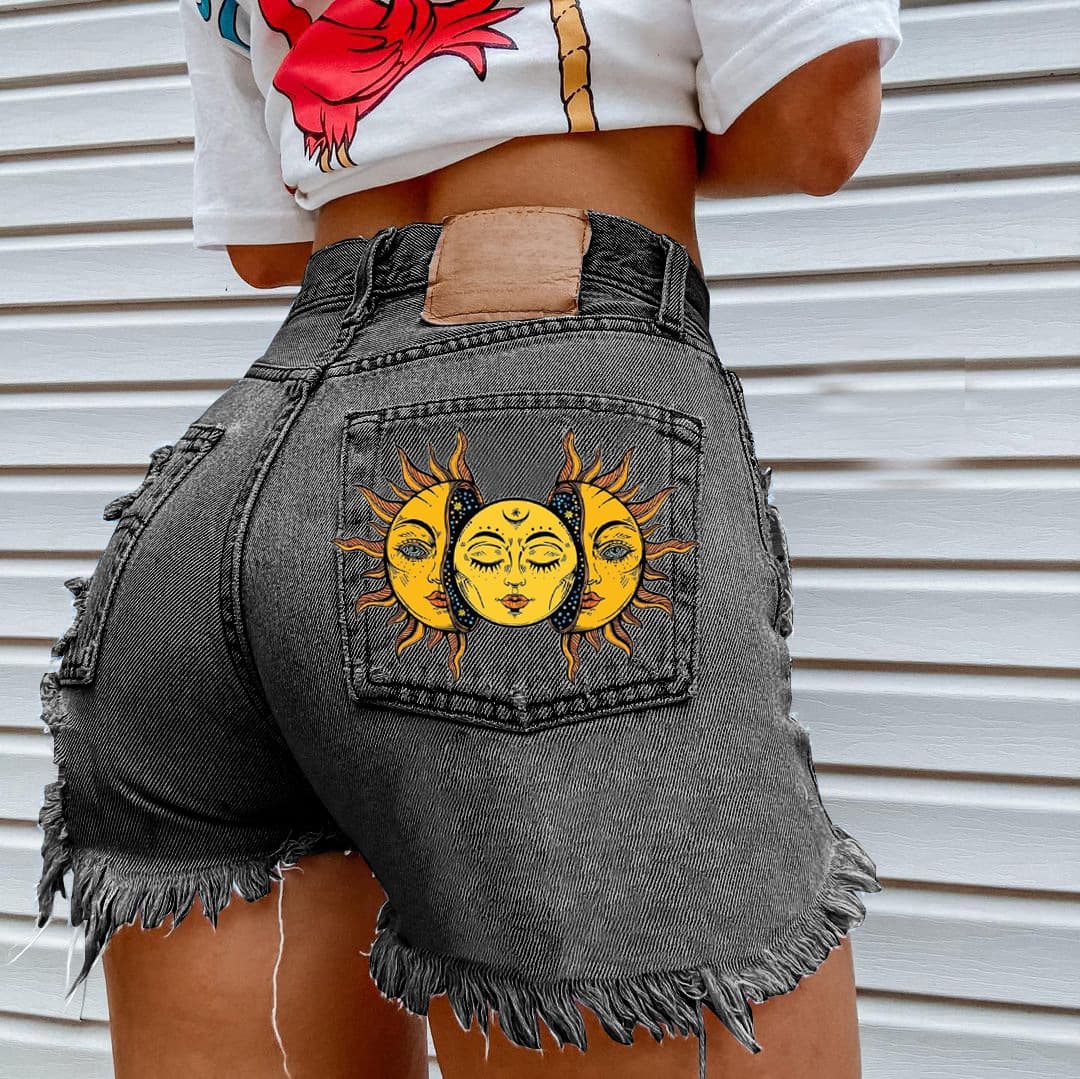 Women's raw edge denim shorts printed holes casual summer net red mini shorts