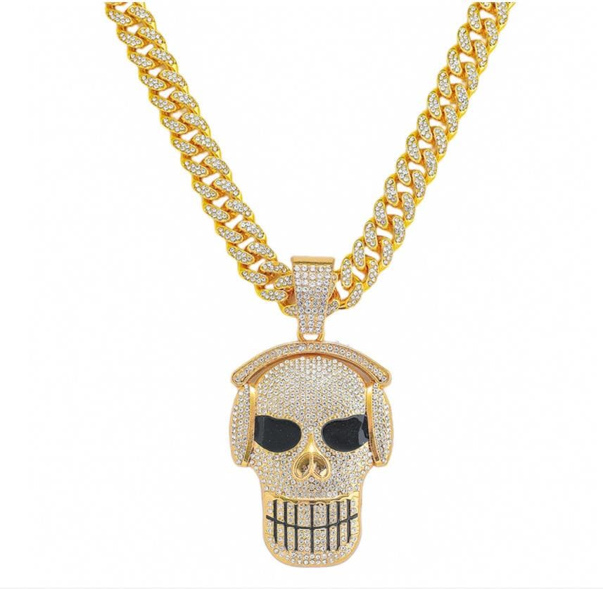 Men Hip Hop Skull Miami Cuban 18K Gold Plated Bling Crystal Diamond Cuban 13MM Link Chain Punk Men Fashion Elegant Pendant Necklaces Jewelry