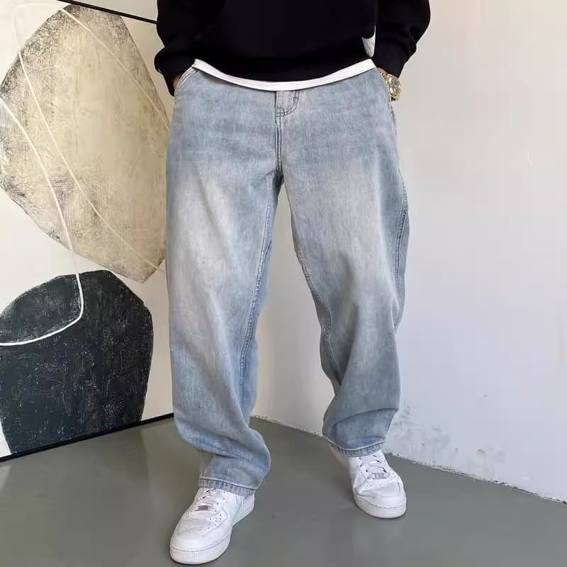 Men's Light Blue Relaxed Fit Straight Leg Jeans - Vintage Washed American Casual Loose Denim Pants For Big & Tall​