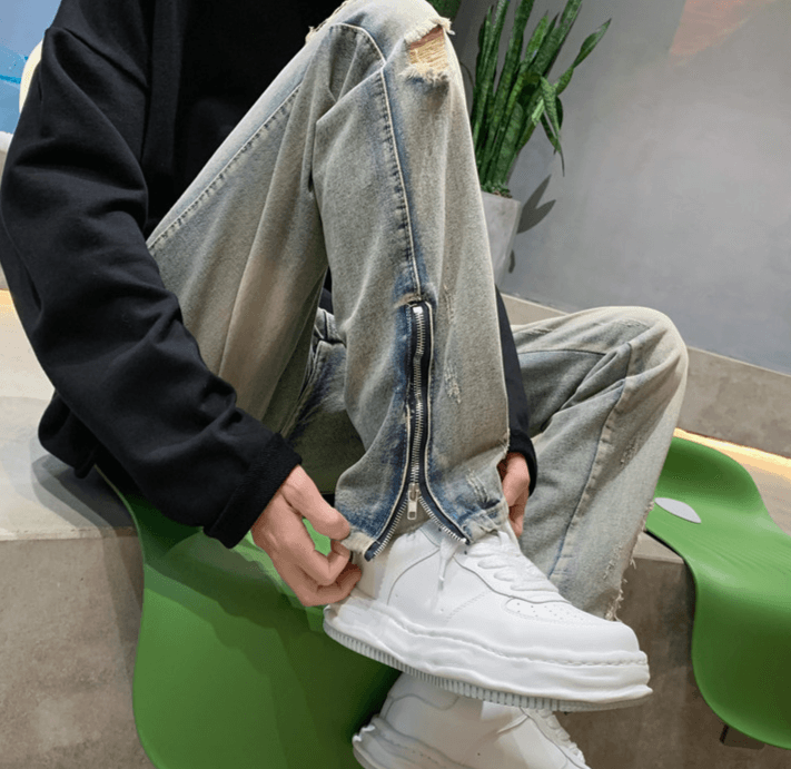 Men's Clothing Ripped jeans for men niche design high street vibe trendy brand American summer ins zipper pants for men