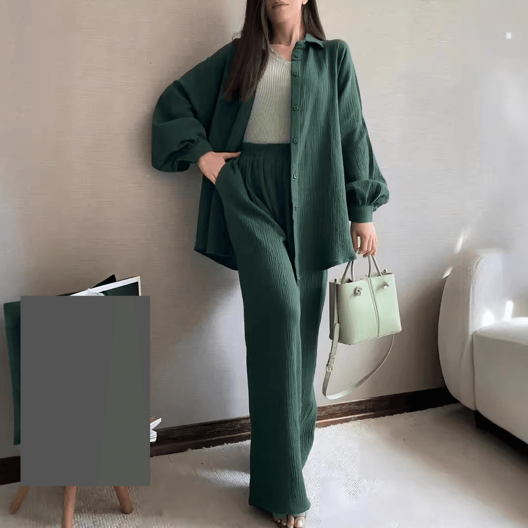 Women's Clothing Autumn And Winter New Women's Two Piece Suit Long Sleeve Lapel Shirt Button Top Elastic Waist Trousers Suit Casual