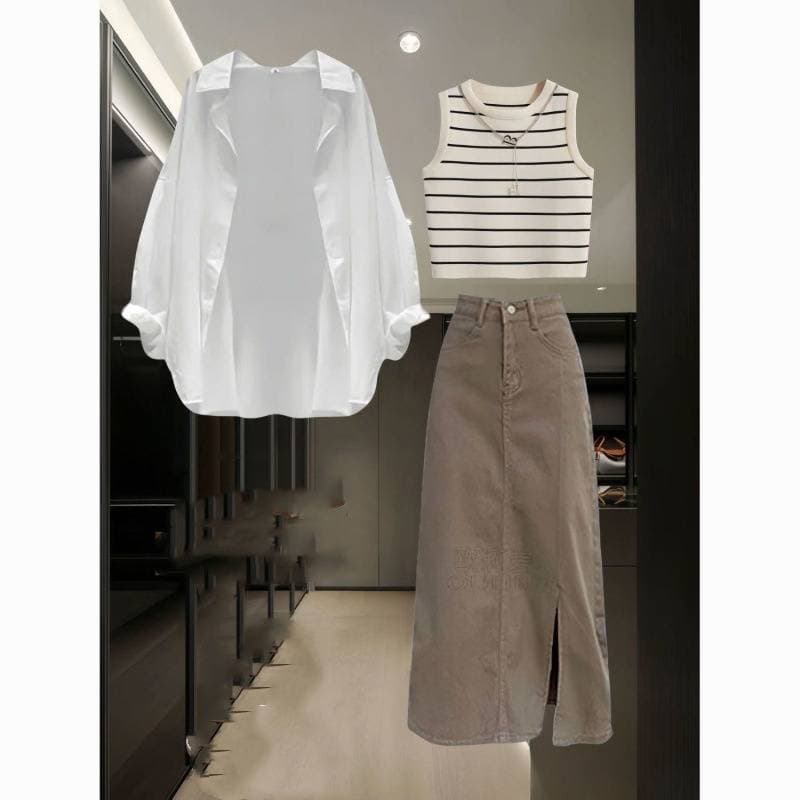 Women's Clothing Summer Outfit Complete Set For Women New Thin Shirt Striped Suspenders Denim Skirt Three Piece Suit