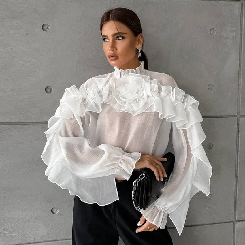 Women's Clothing temperament mesh small stand up collar pullover layered ruffle shirt