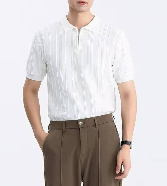 Men's Clothing Summer Striped New Knitted Polo Shirt Cool Breathable Slim Short Sleeved T Shirt Lapel Workwear