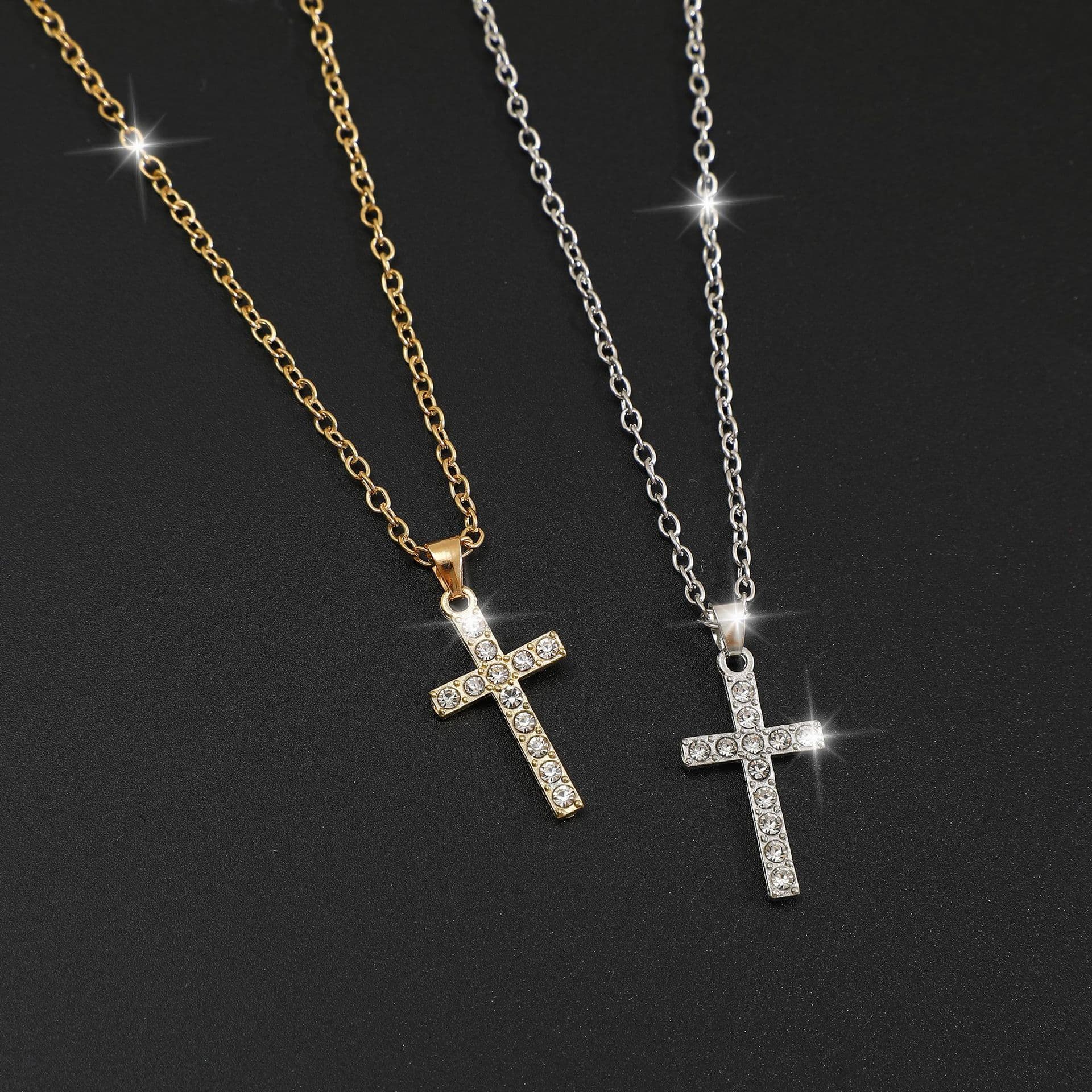 Hot Hip Hop Square Zircon Cross Necklace Punk Personality Men and Women Couple Pendant Clavicle Chain