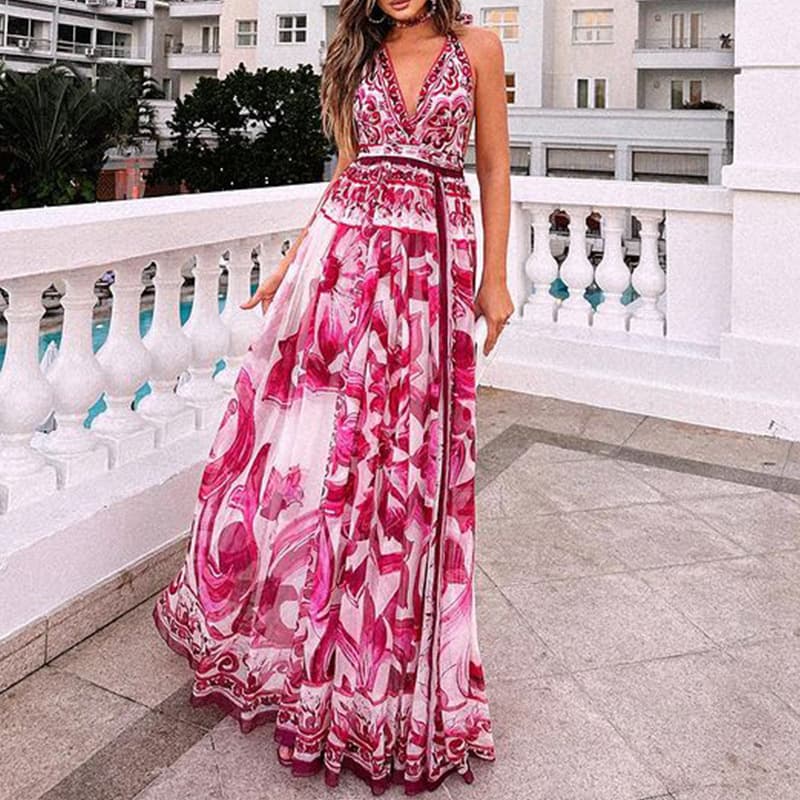 women's fashion sexy printed halter neck mid-length dress