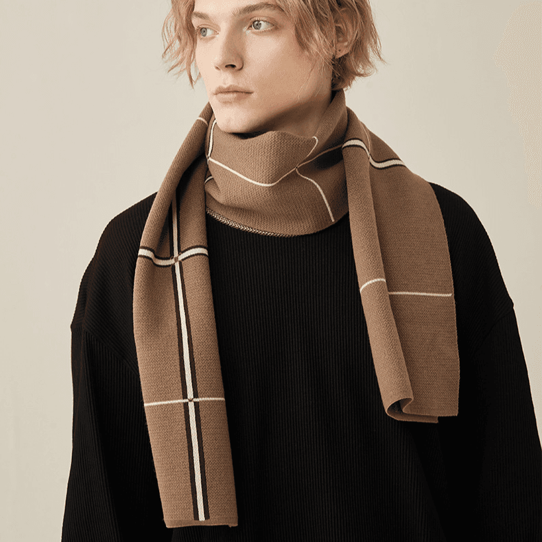 Men's fashion business wool scarf Autumn winter thick warm stripes matching color wool neck premium gift