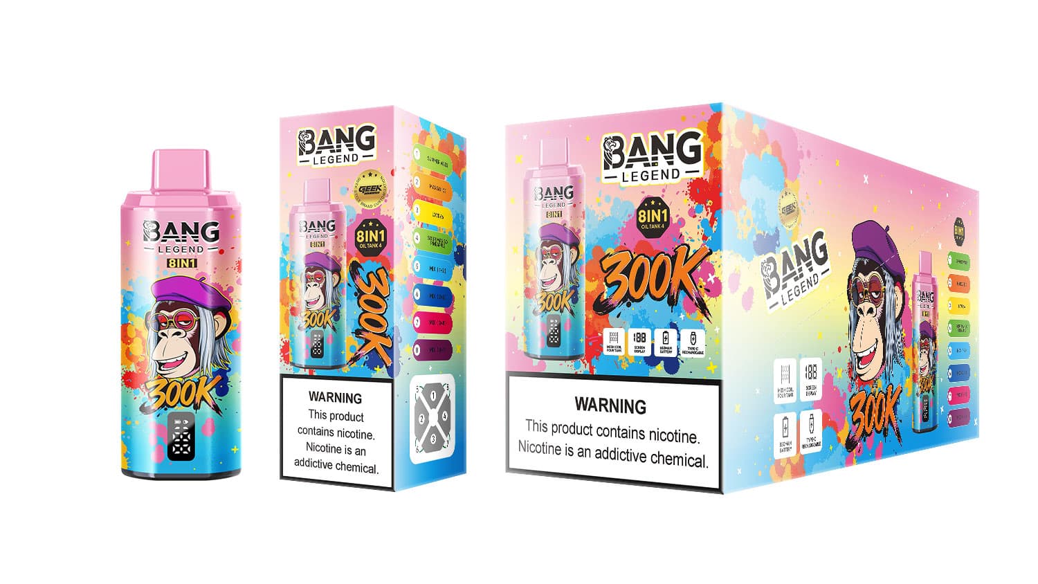 Bang Legend 300K 8 en 1 Vape jetable à huile de chicha, réservoir, 4 grands écrans numériques de comptage des bouffées, charge rapide USB-C, bat