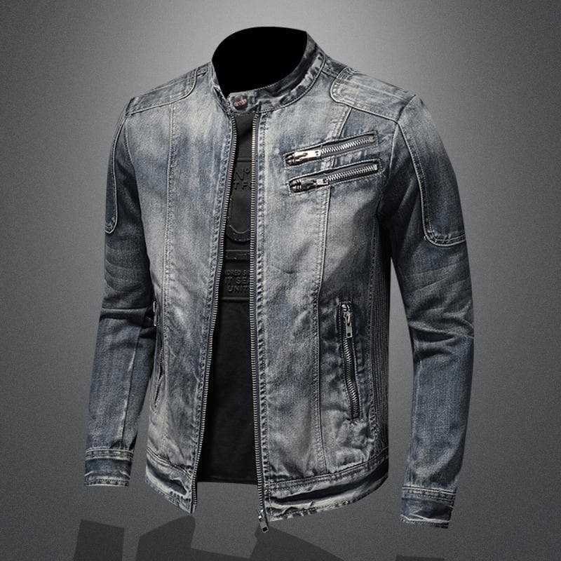 Men's Denim Jacket European And American Casual Retro Large Size Stand Collar Zipper Jacket Cycling Motorcycle Clothing Trend