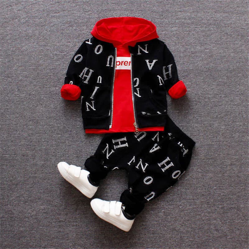 Kid's Clothing New Boys' Zipper Three Piece Suit For Little Kids And Babies With Full Printed Letters, Hooded Long Sleeved Sweatshirt Suit